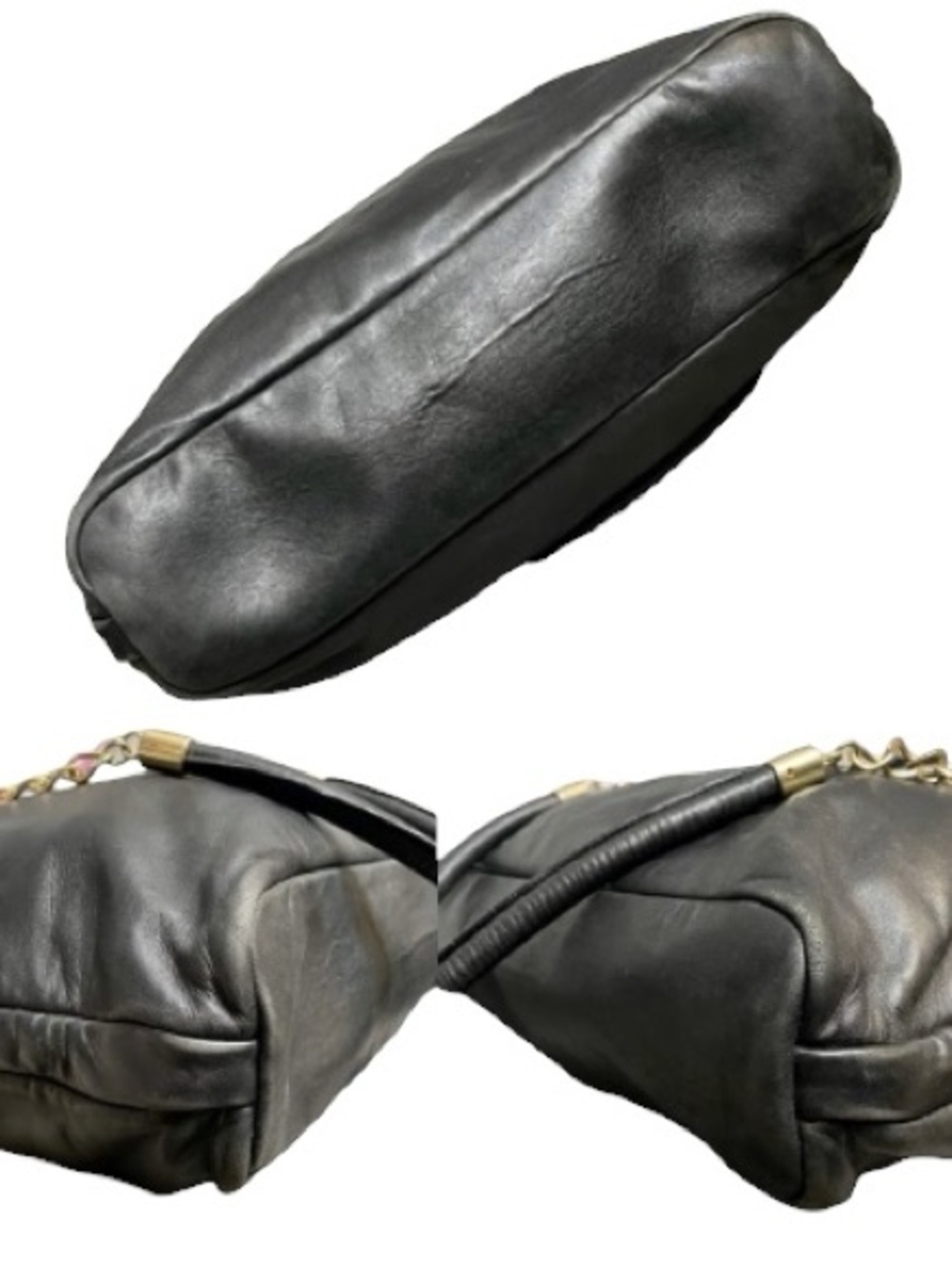 Via Veneto Vintage Black Leather Triple Compartment Tote Dual Gold Chain Handles - Picture 3 of 13